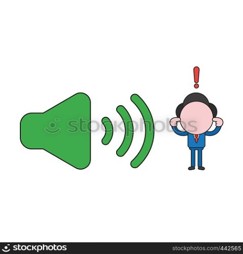 Vector illustration concept of businessman character with sound symbol and closing ears. Color and black outlines.