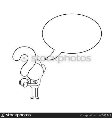 Vector illustration concept of businessman character with speech bubble and holding question mark. Black outline.