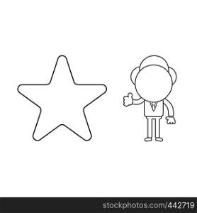 Vector illustration concept of businessman character with star and giving thumbs-up. Black outline.