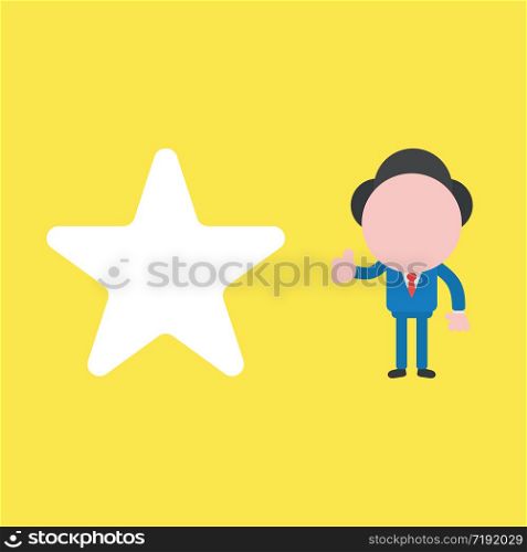 Vector illustration concept of businessman character with star icon and giving thumbs up. Yellow background.