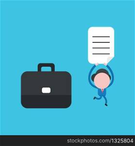 Vector illustration concept of businessman character with suitcase, running and holding up written paper. Blue background.