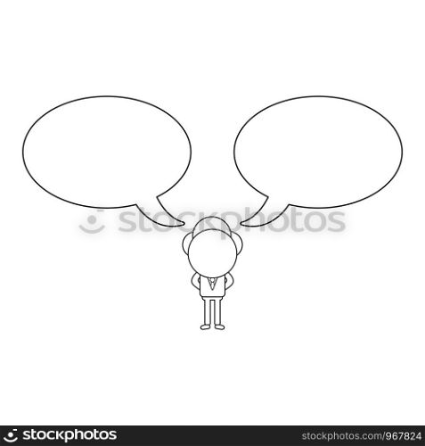 Vector illustration concept of businessman character with two speech bubbles. Black outline.