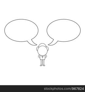 Vector illustration concept of businessman character with two speech bubbles. Black outline.