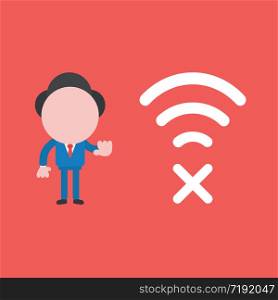 Vector illustration concept of businessman character with wireless wifi symbol and x mark. Red background.