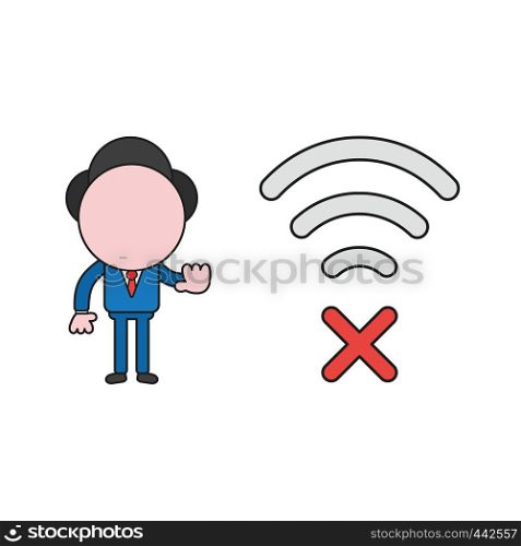 Vector illustration concept of businessman character with wireless wifi symbol with x mark and showing hand stop gesture. Color and black outlines.