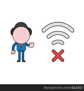 Vector illustration concept of businessman character with wireless wifi symbol with x mark and showing hand stop gesture. Color and black outlines.