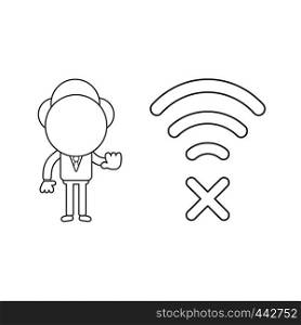 Vector illustration concept of businessman character with wireless wifi symbol with x mark and showing hand stop gesture. Black outline.