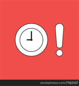Vector illustration concept of clock time with exclamation mark. Red background.