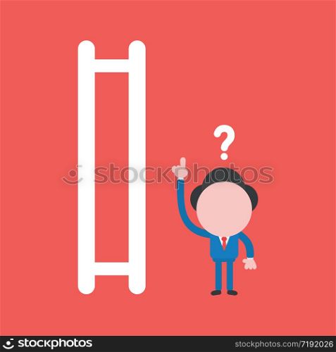 Vector illustration concept of confused businessman character and wooden ladder with missing steps. Red background.