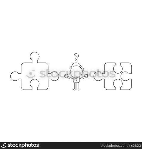 Vector illustration concept of confused businessman character between incompatible puzzle pieces. Black outline.