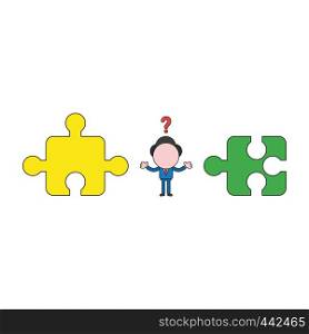 Vector illustration concept of confused businessman character between incompatible puzzle pieces. Color and black outlines.