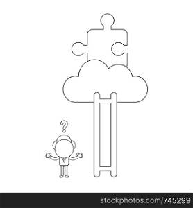 Vector illustration concept of confused businessman character cannot reach missing puzzle piece on cloud with ladder and missing steps. Black outline.