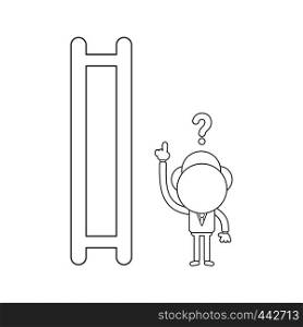 Vector illustration concept of confused businessman character pointing top of ladder with missing steps. Black outline.