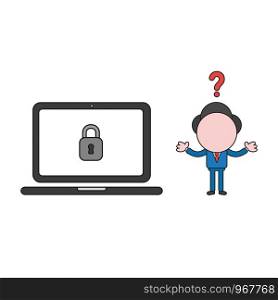 Vector illustration concept of confused businessman character wit laptop computer and closed padlock.
