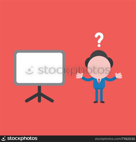 Vector illustration concept of confused businessman character with blank presentation chart. Red background.