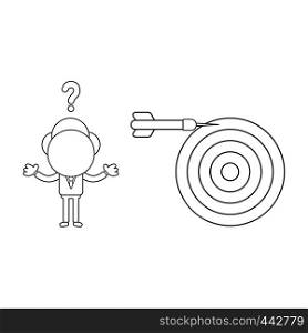 Vector illustration concept of confused businessman character with bulls eye and dart miss the target. Black outline.