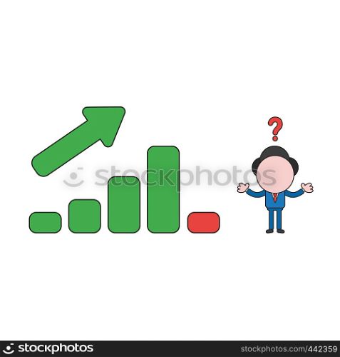 Vector illustration concept of confused businessman character with sales bar graph moving up and down. Color and black outlines.