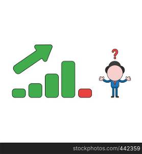 Vector illustration concept of confused businessman character with sales bar graph moving up and down. Color and black outlines.