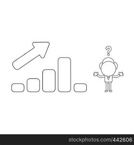 Vector illustration concept of confused businessman character with sales bar graph moving up and down. Black outline.