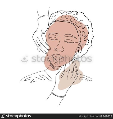 Vector illustration concept of cosmetic procedures or facial massage. Linear drawing of female face boho style, spots in beige tones