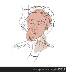 Vector illustration concept of cosmetic procedures or facial massage. Linear drawing of female face boho style, spots in beige tones