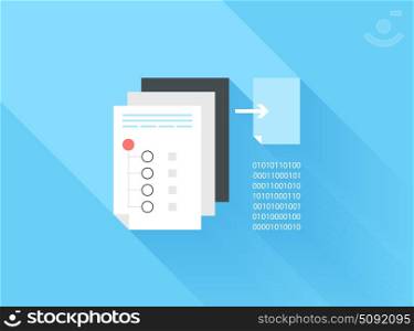 Vector illustration concept of data sharing and copying isolated on blue background with long shadow.