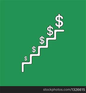 Vector illustration concept of dollar money symbols growing on stairs. White colored, black outlines and green background.
