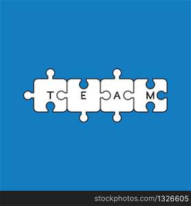 Vector illustration concept of four jigsaw puzzle pieces connected and team word written. White colored, black outlines and blue background.