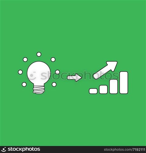 Vector illustration concept of glowing light bulb idea with sales bar chart moving up. Green background.