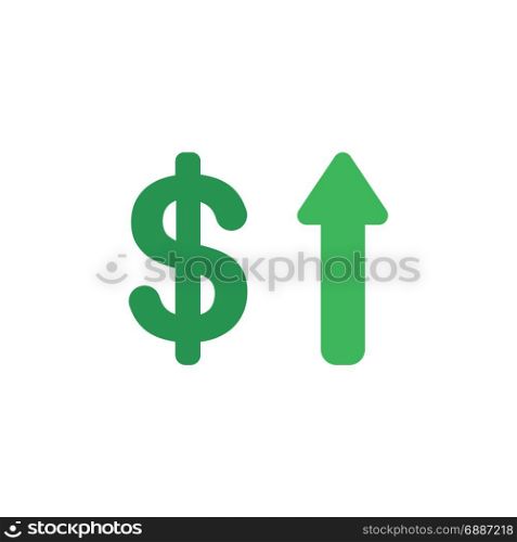 Vector illustration concept of green dollar symbol with green arrow pointing up icon on white background with flat design style.