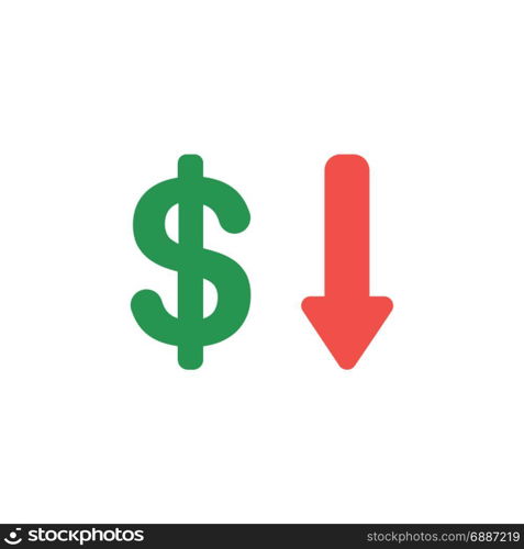 Vector illustration concept of green dollar symbol with red arrow pointing down icon on white background with flat design style.