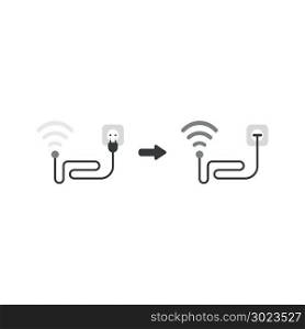 Vector illustration concept of grey wireless wifi symbol with cable and plugged into outlet and signal increased.