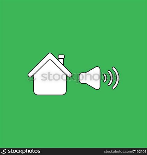 Vector illustration concept of house with high speaker sound, loud voice symbol. Green background.