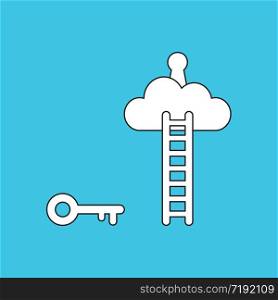 Vector illustration concept of key reach to keyhole on cloud with wooden ladder. Blue background.