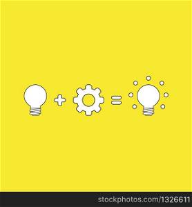 Vector illustration concept of light bulb idea plus gear equals glowing light bulb idea. White colored, black outlines and yellow background.