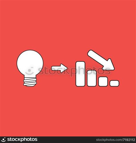 Vector illustration concept of light bulb idea with sales bar chart icon moving down. Red background.