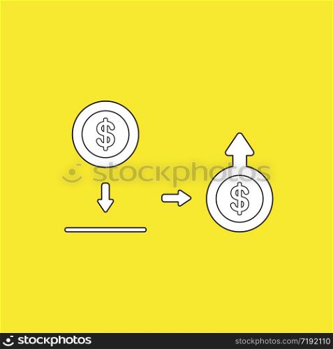 Vector illustration concept of putting and saving dollar money coin into moneybox and increase of money with arrow moving up. Yellow background.
