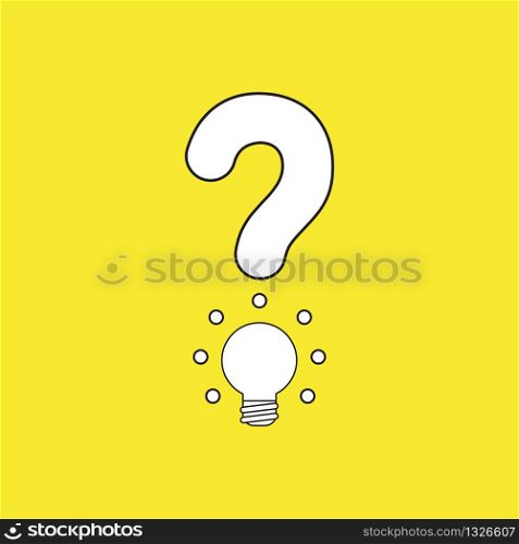 Vector illustration concept of question mark with glowing light bulb. White colored, black outlines and yellow background.