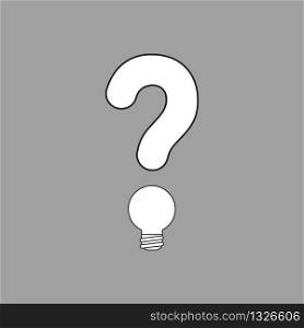 Vector illustration concept of question mark with light bulb. White colored, black outlines and grey background.