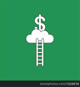 Vector illustration concept of reach to dollar symbol on cloud with wooden ladder. White colored, black outlines and green background.