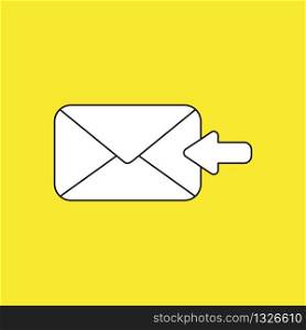 Vector illustration concept of receive message or email with envelope and arrow moving left. White colored, black outlines and yellow background.
