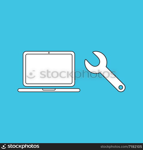 Vector illustration concept of repair laptop computer with spanner symbol. Blue background.