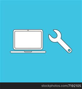 Vector illustration concept of repair laptop computer with spanner symbol. Blue background.