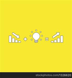Vector illustration concept of sales bar chart moving down plus glowing light bulb idea equals sales bar chart moving up. White colored, black outlines and yellow background.