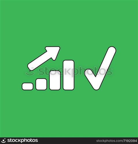 Vector illustration concept of sales bar chart moving up with check mark. Green background.