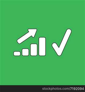Vector illustration concept of sales bar chart moving up with check mark. Green background.