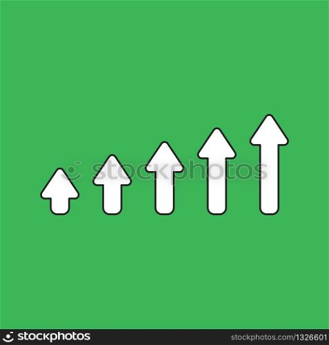 Vector illustration concept of sales bar chart with arrow moving up. White colored, black outlines and green background.