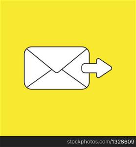 Vector illustration concept of send message or email with envelope and arrow moving right. White colored, black outlines and yellow background.