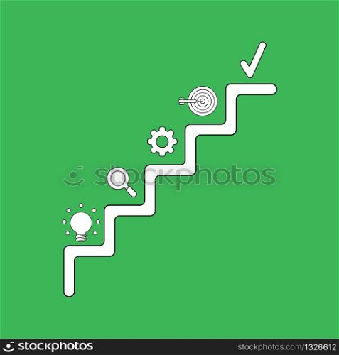 Vector illustration concept of stairs with glowing yellow light bulb idea, magnifying glass, gear, bulls eye with dart in the center and check mark on top. White colored, black outlines and green background.