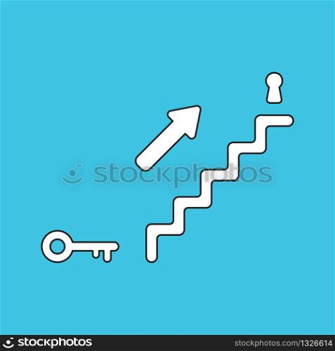 Vector illustration concept of stairs with key and keyhole and arrow showing up. White colored, black outlines and blue background.